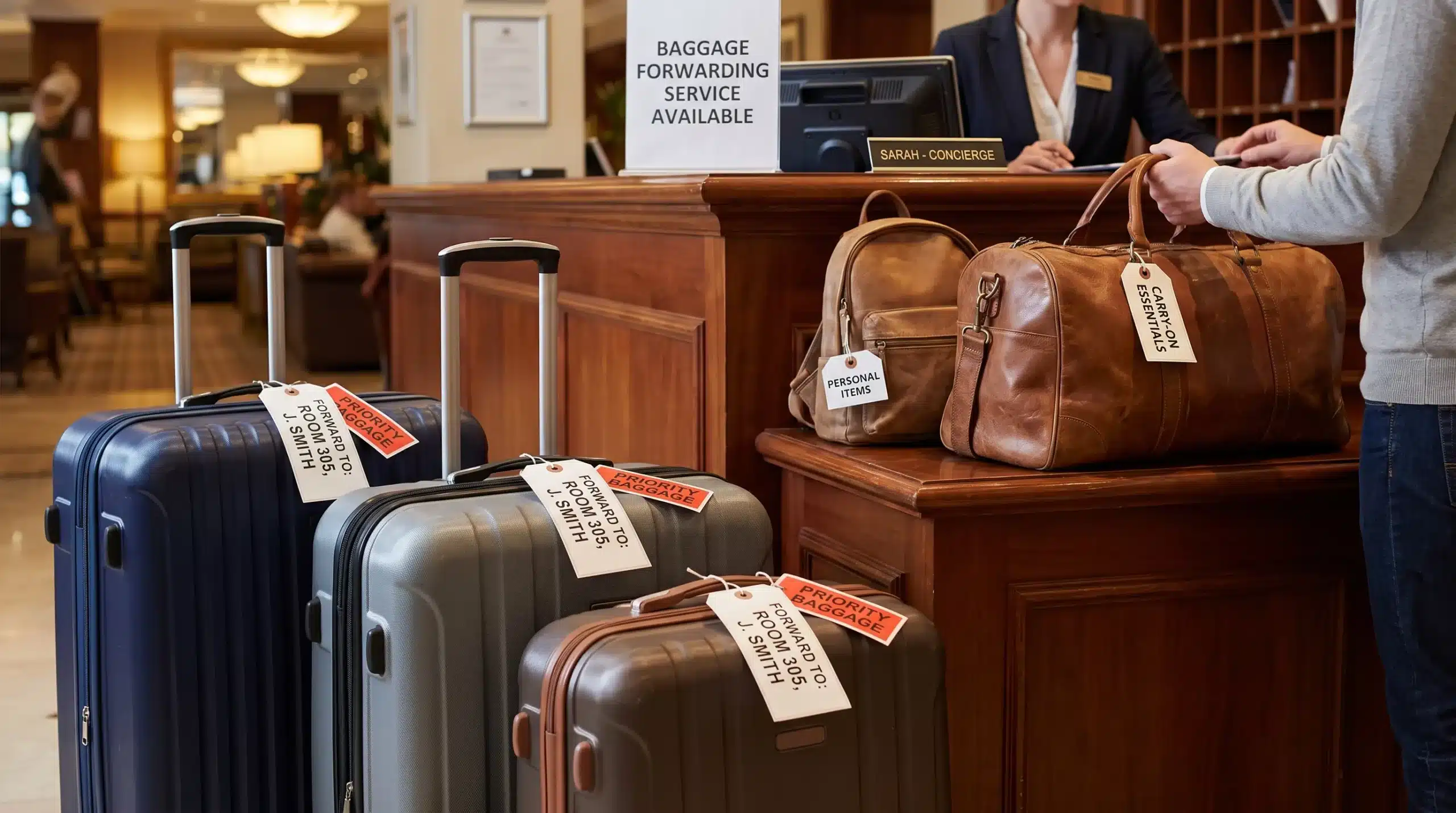 Several labelled suitcases stand beside a packed overnight bag at a hotel reception counter, ready for forwarding while the traveller keeps essentials close.