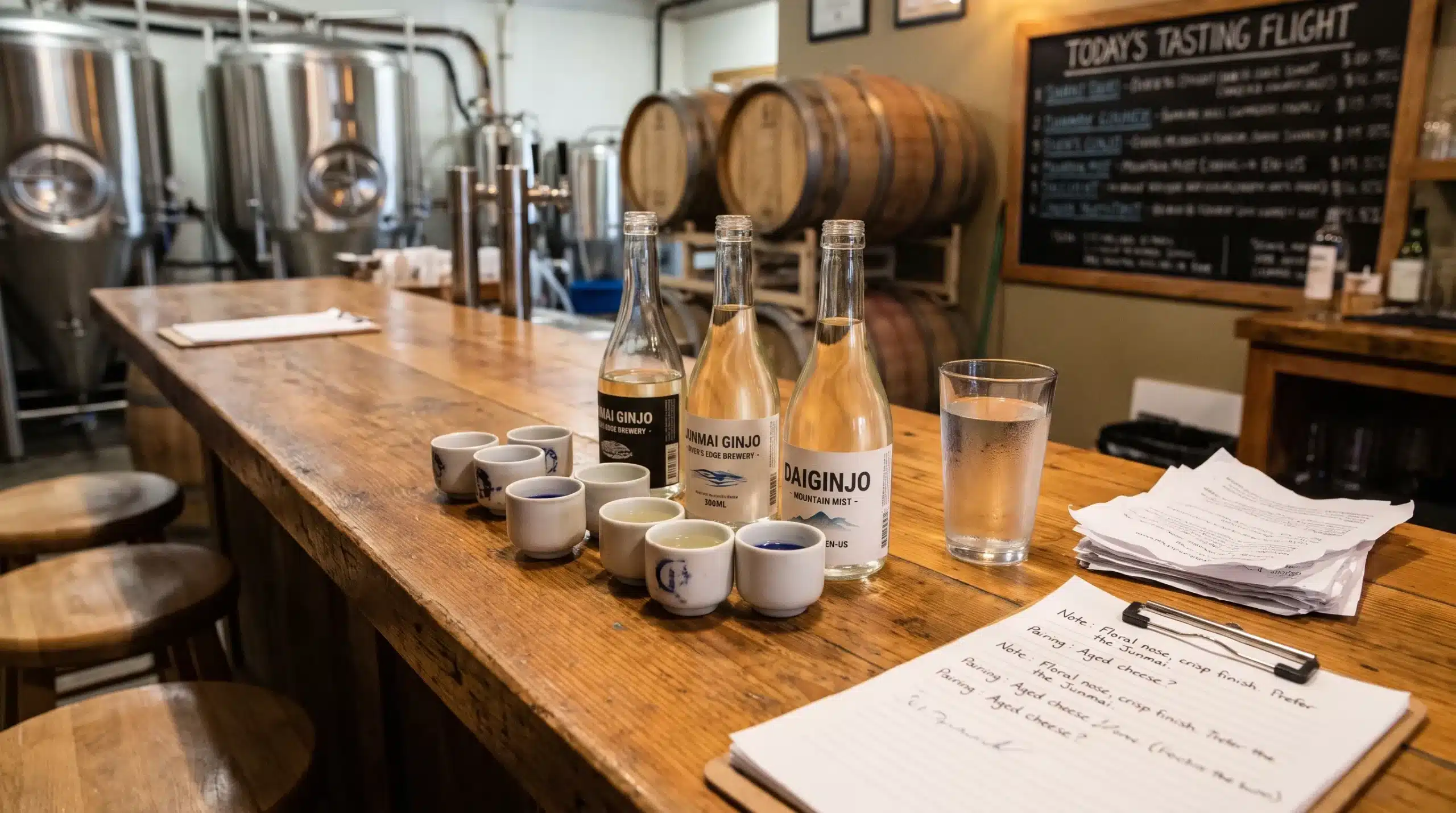 Small sake cups, open bottles, water and tasting notes sit together on a brewery counter.
