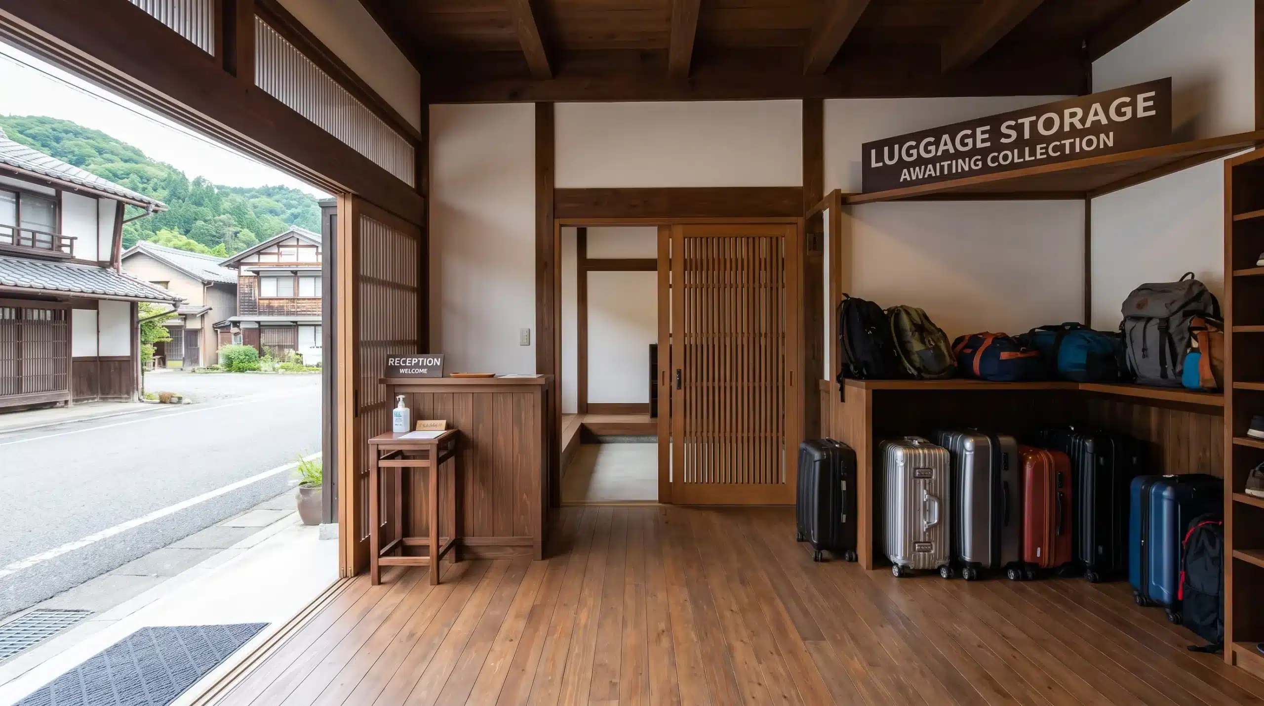 Suitcases are stored inside a regional Japanese inn, showing a possible receiving point for hotel luggage transfer.