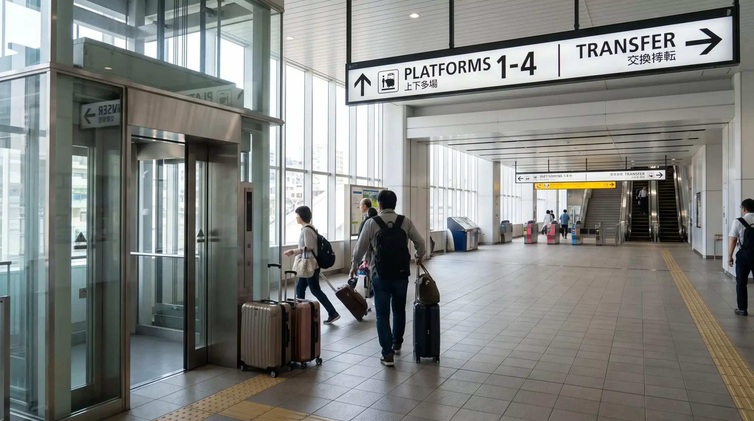 Suitcases wait beside a station lift as passengers follow signs towards the platforms during a Japan itinerary transfer.