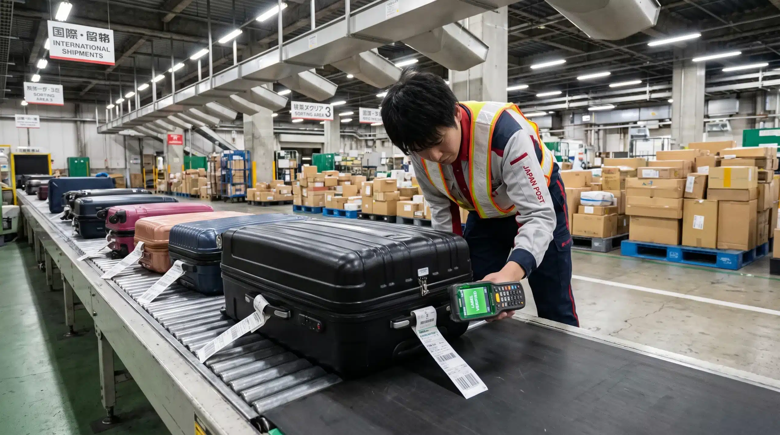 Tagged suitcases move through a regional parcel depot as a worker checks luggage for forwarding between cities in Japan.