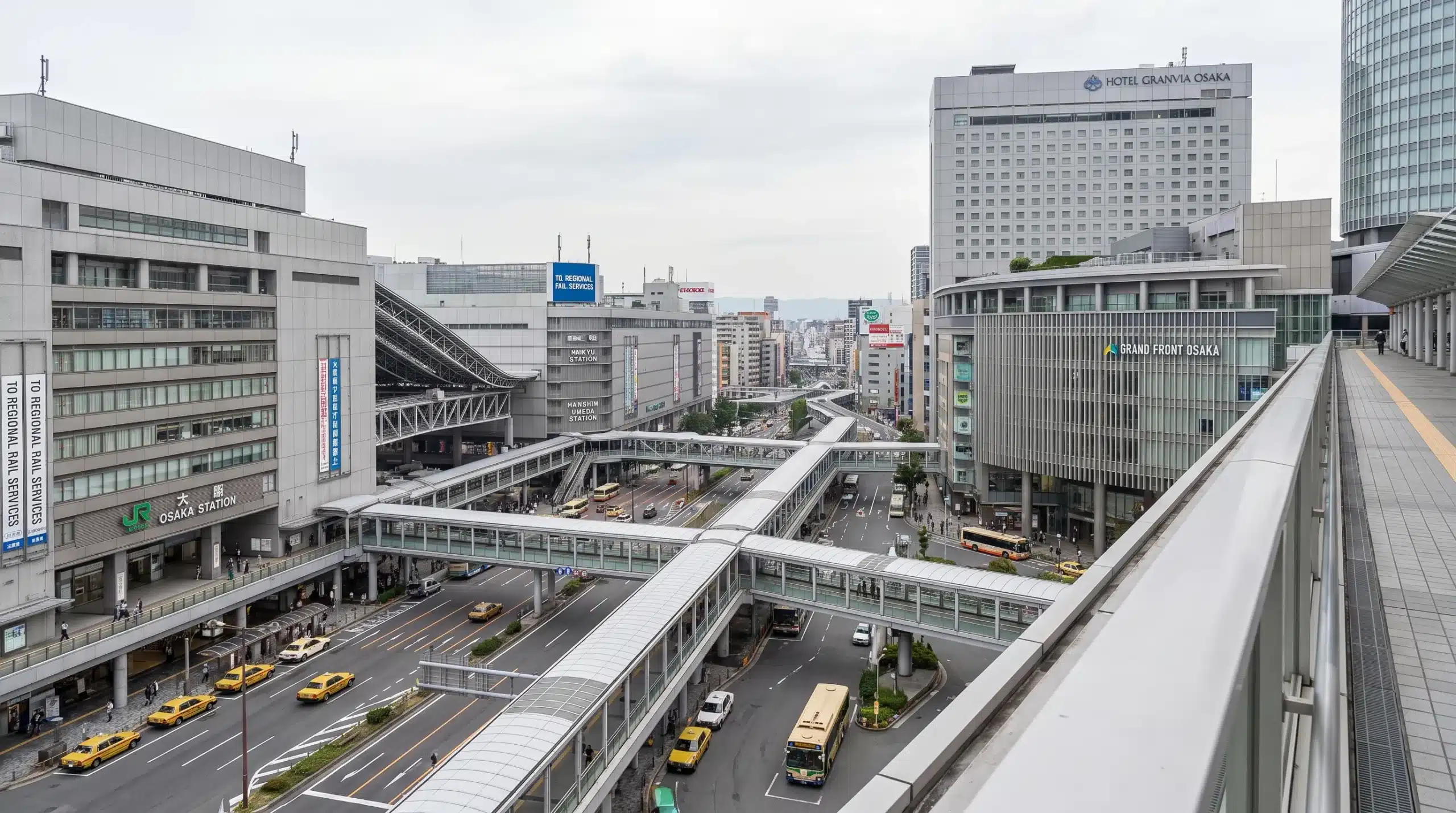 The Osaka-Umeda station district spans several buildings and streets, making the route between a hotel and the correct rail entrance important.