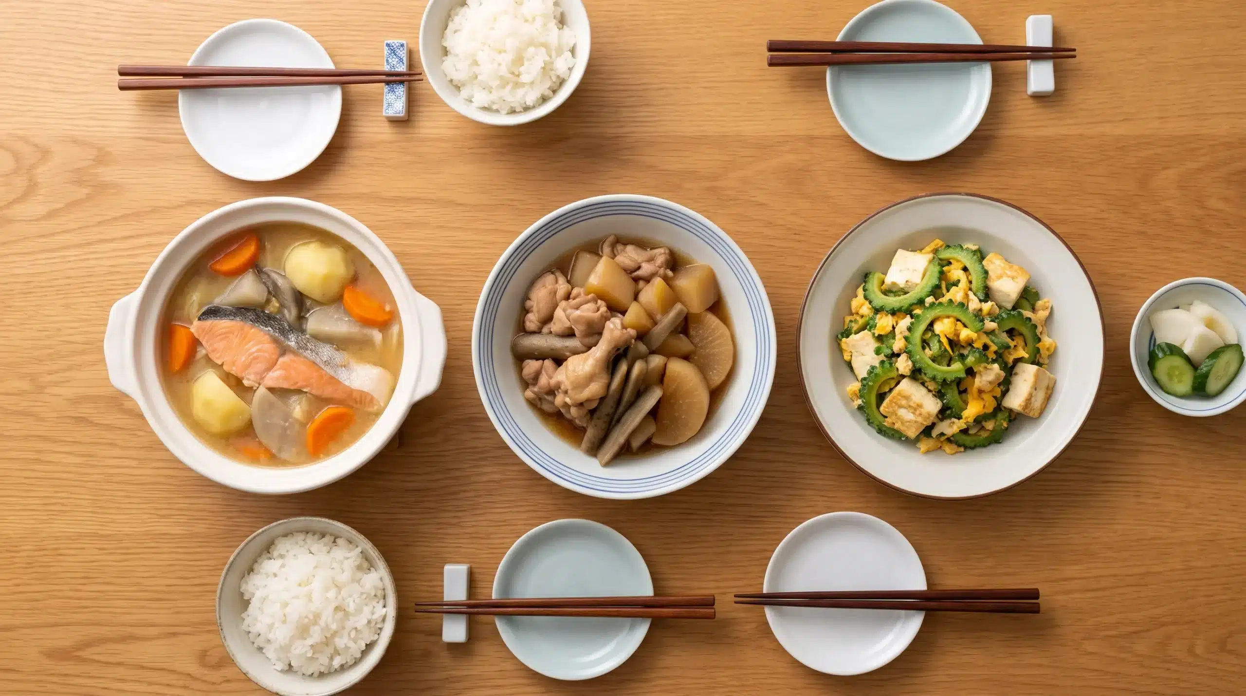 Three regional home Japanese food dishes sit on a table: fish soup, chicken with root vegetables, and Okinawan goya champuru with rice.