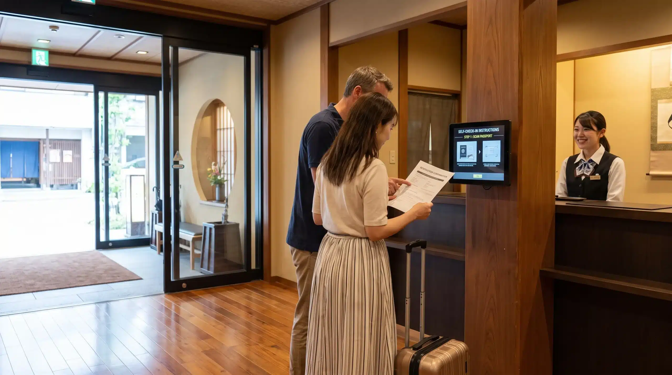 Travellers and a hotel receptionist check reservation details and self-check-in instructions at a Japanese accommodation entrance.