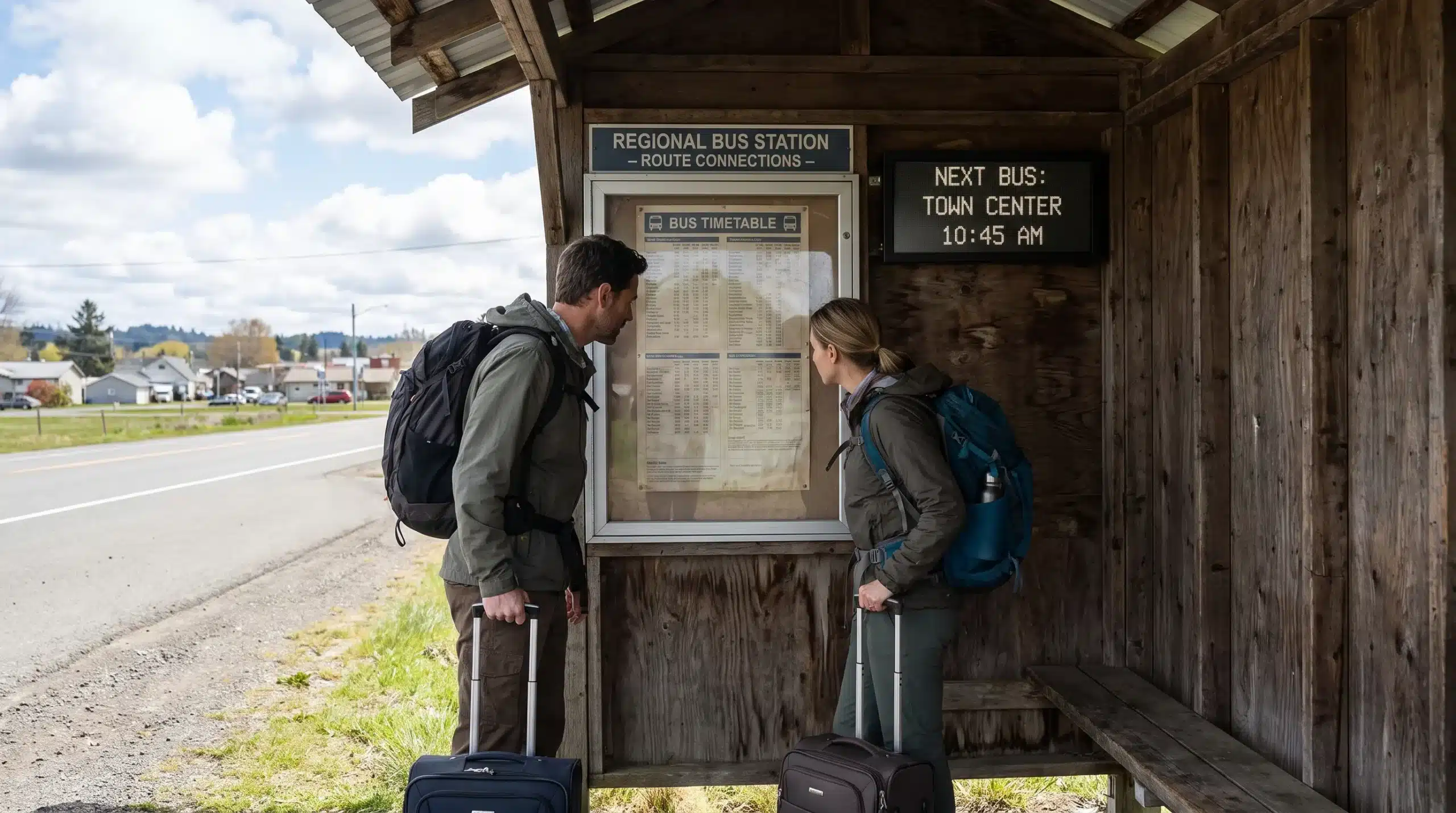 Two adult travellers stand with compact luggage beside a bus timetable at a small regional station, checking the connection into town.