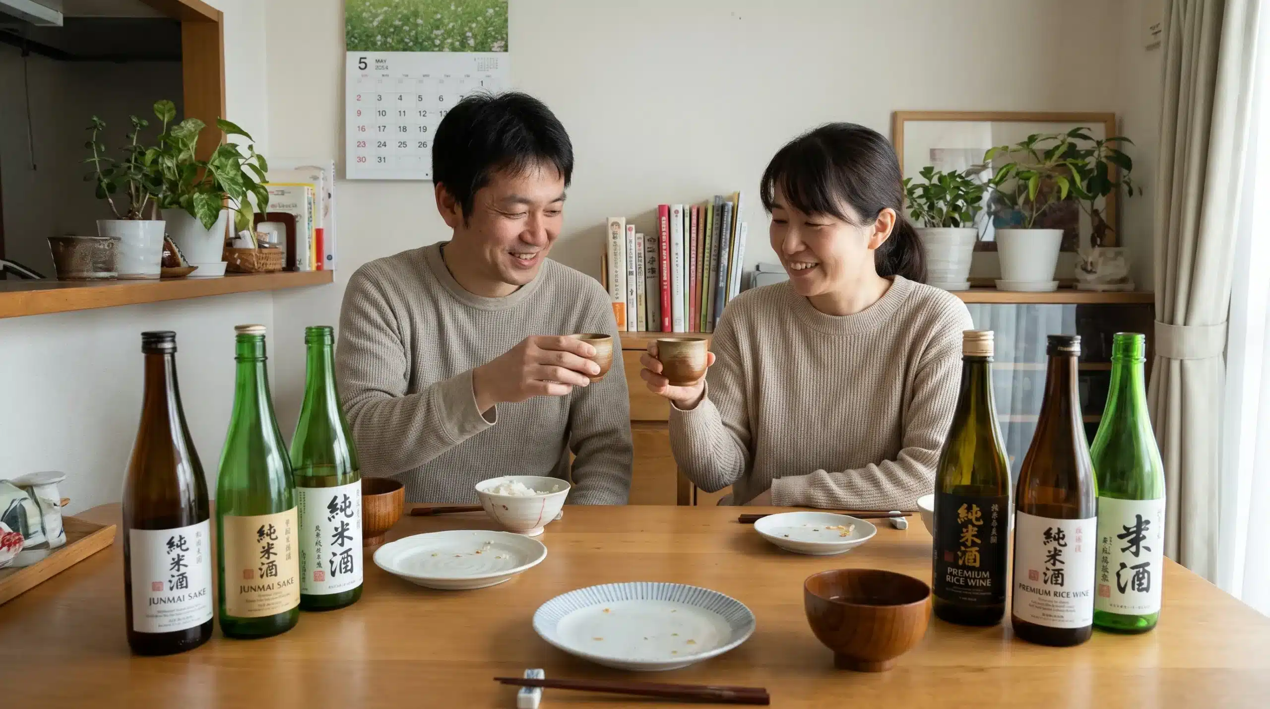 Two adults compare sake at home beside their dinner dishes and ceramic cups.