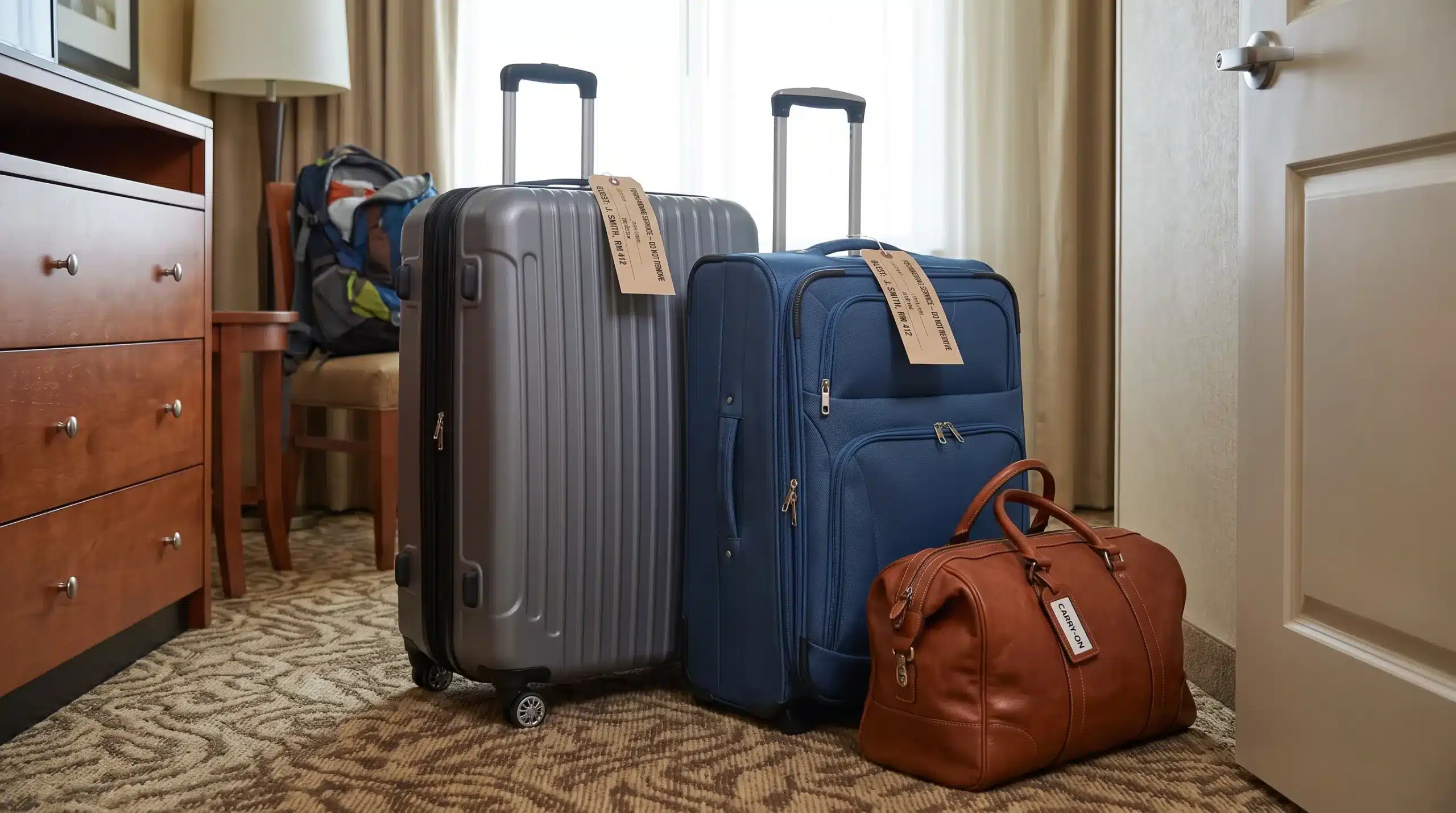 Two tagged suitcases stand beside a compact overnight bag in a hotel room, ready for forwarding while the traveller keeps essentials close.