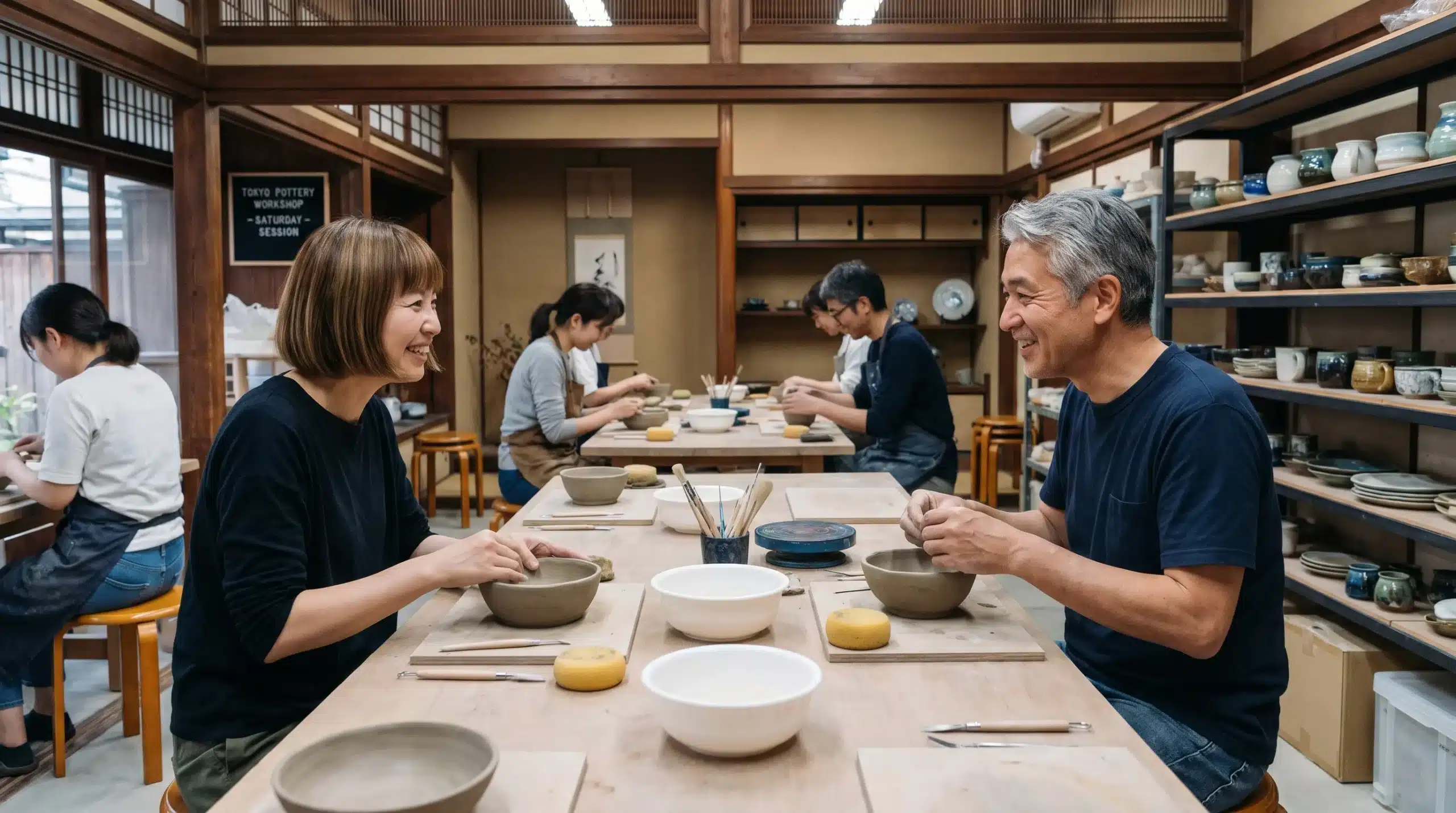 Visitors and local participants shape clay bowls together at an advertised pottery workshop in a regional Japanese town.