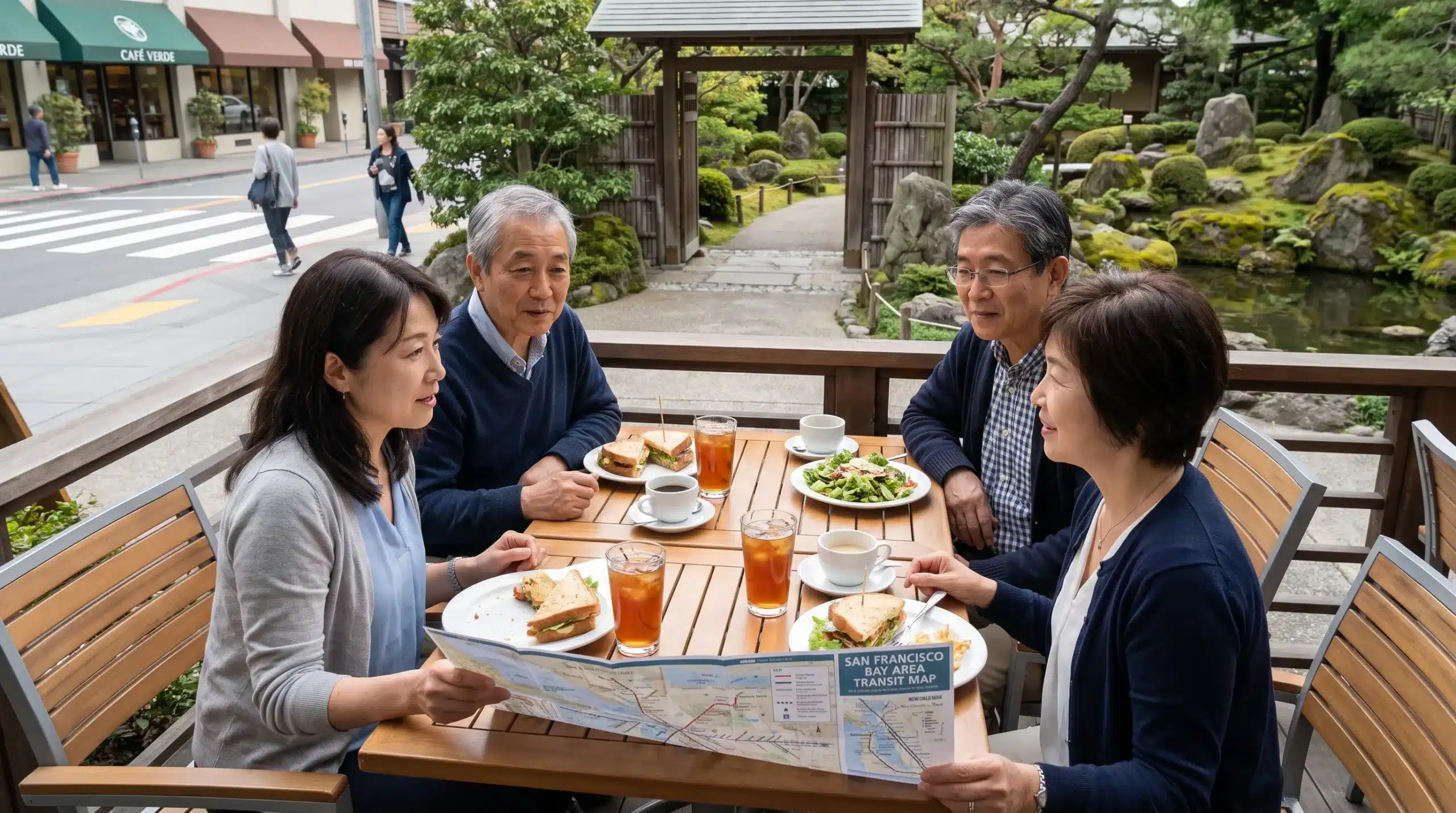 Visitors pause for a meal beside a Japanese garden while considering nearby places to visit during the day.