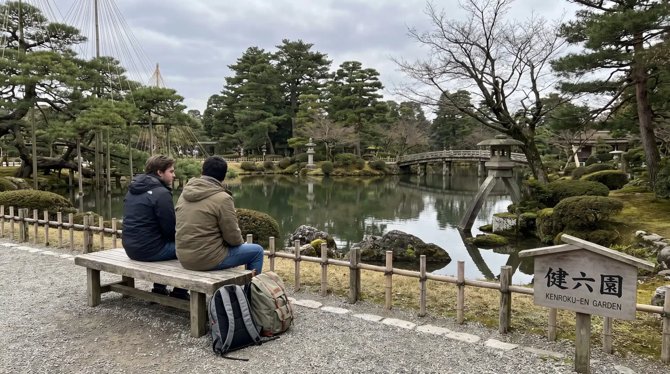 Visitors rest beside a path at Kanazawa’s Kenroku-en, with day bags near the bench and a pond and trees beyond them.