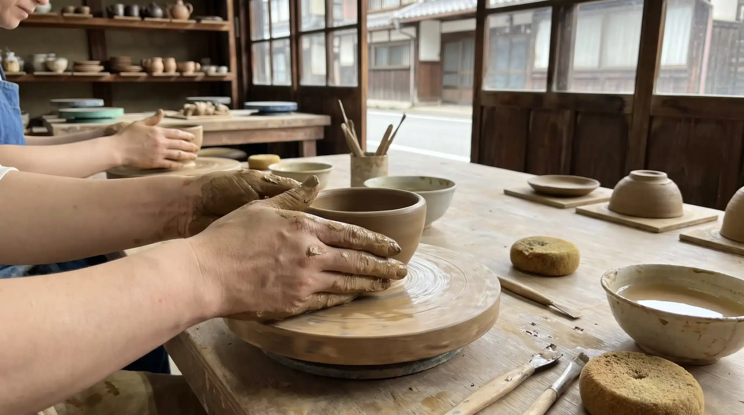 Workshop participants shape clay bowls together, sharing a practical activity as a respectful way to meet local people in Japan.